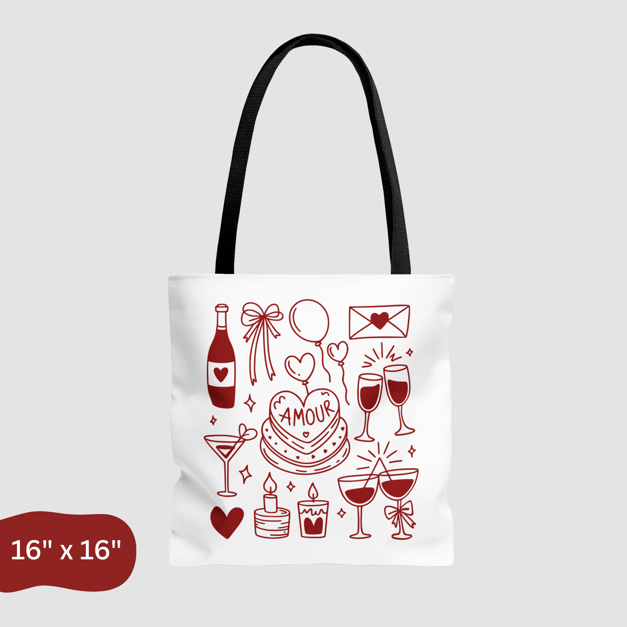 Tote bag with red illustrations on a white background