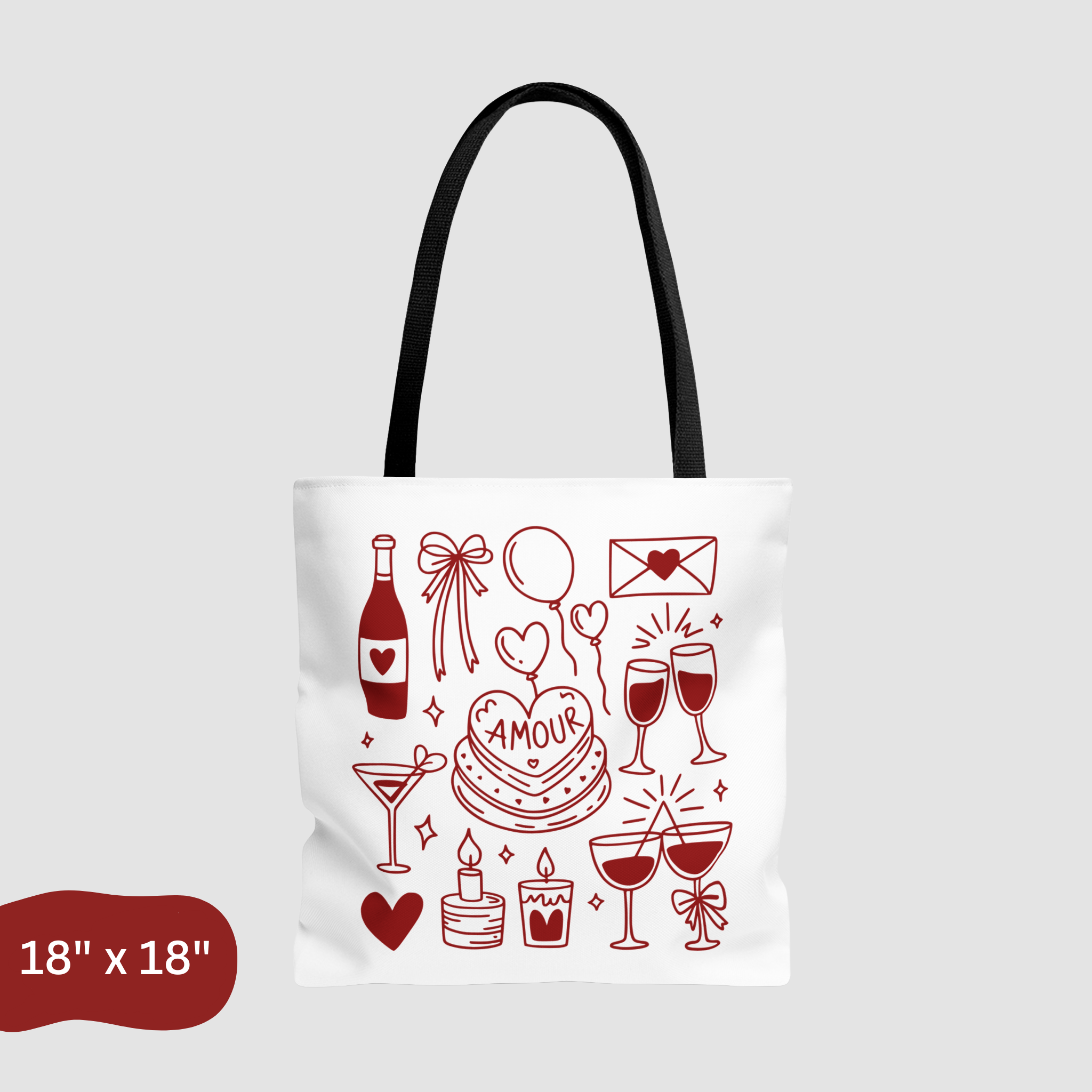 Tote bag with red Valentine's Day illustrations on a white background