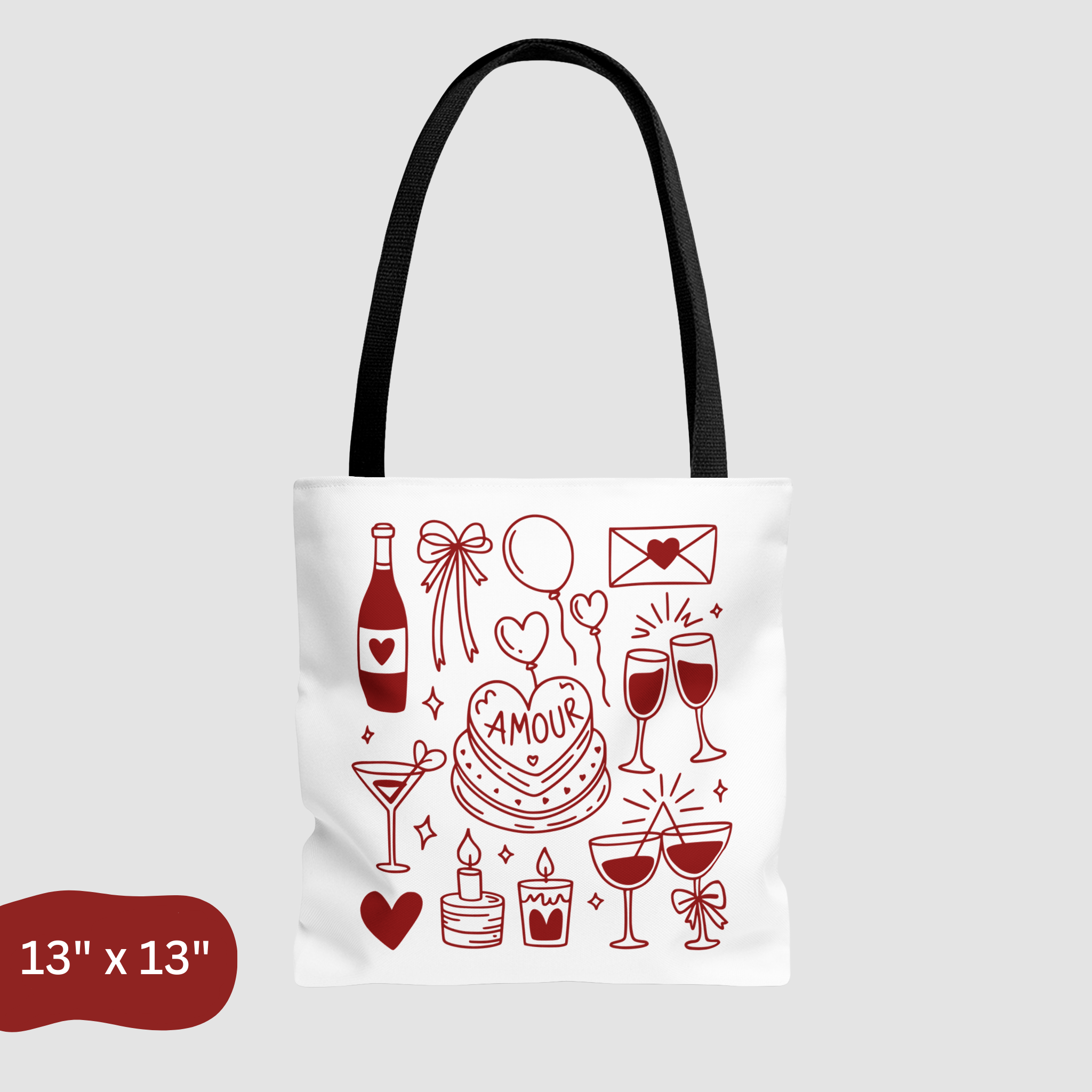 Tote bag with red Valentine's Day-themed graphics on a white background