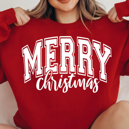 Red sweatshirt with 'MERRY CHRISTMAS' text worn by a person
