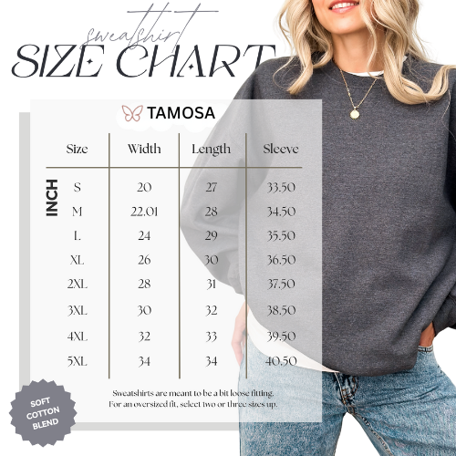 size chart with TAMOSA branding and a model wearing the sweatshirt.